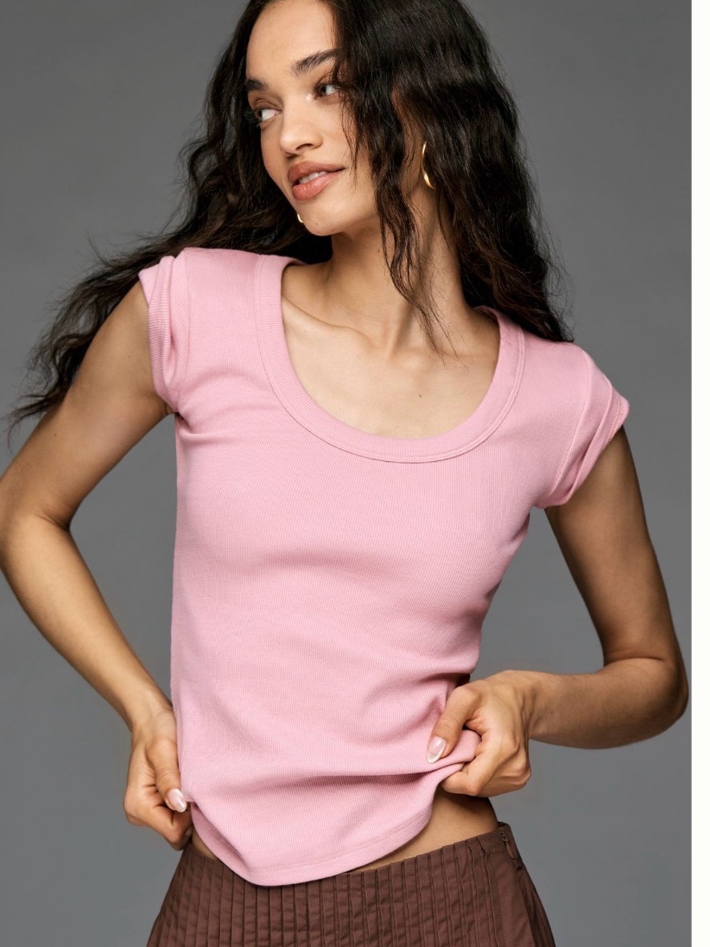 Pilcro Slim Scoop Neck Cream Ribbed Tee